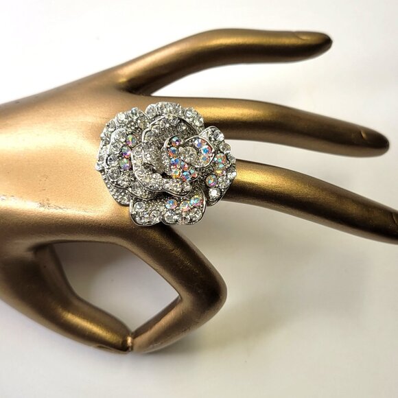 Statement Silver and Clear Rhinestone Ring with Adjustable Band - Picture 2 of 8